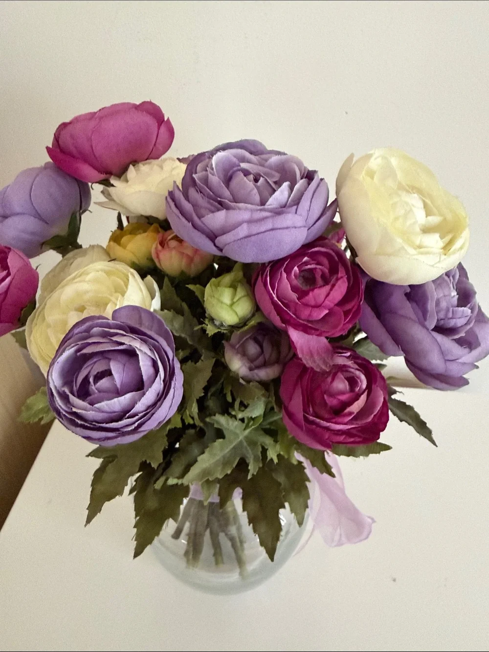 Artificial Ranunculus Bouquet in Purple, Pink and White - Clear Glass Vase